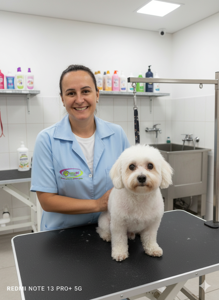 Foto da groomer Rafaela sorrindo ao lado de um cão branco da raça Maltês em uma mesa de tosa